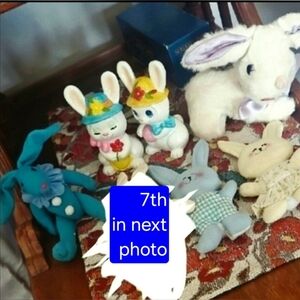 Vtg 7 set Rabbit Bunny Collectibles Mid-cebtury Including Chalkware Satin Japan